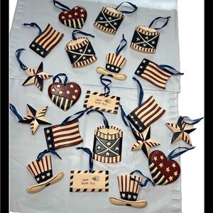 Christmas Ornaments SET Americana Patriotic USA Liberty Flag DRUM Top hat Star